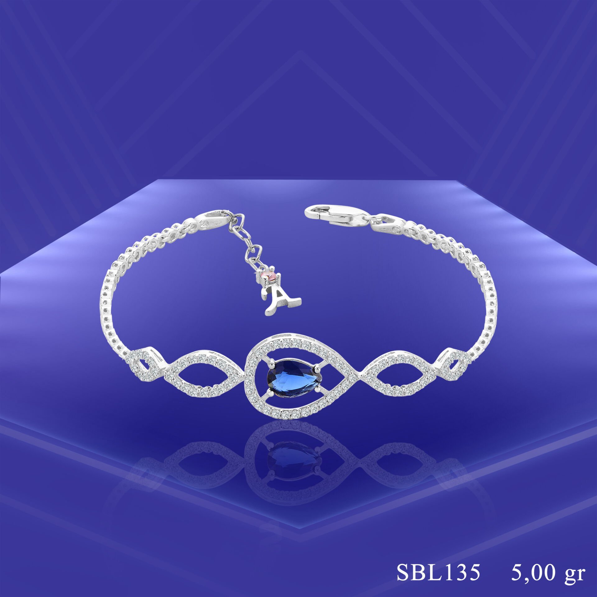 925 Ayar Gümüş Mavi Damla Taşlı Harfli Su Yolu Bileklik