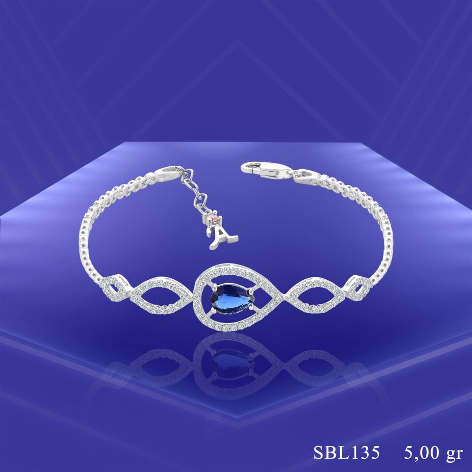 925 Ayar Gümüş Mavi Damla Taşlı Harfli Su Yolu Bileklik