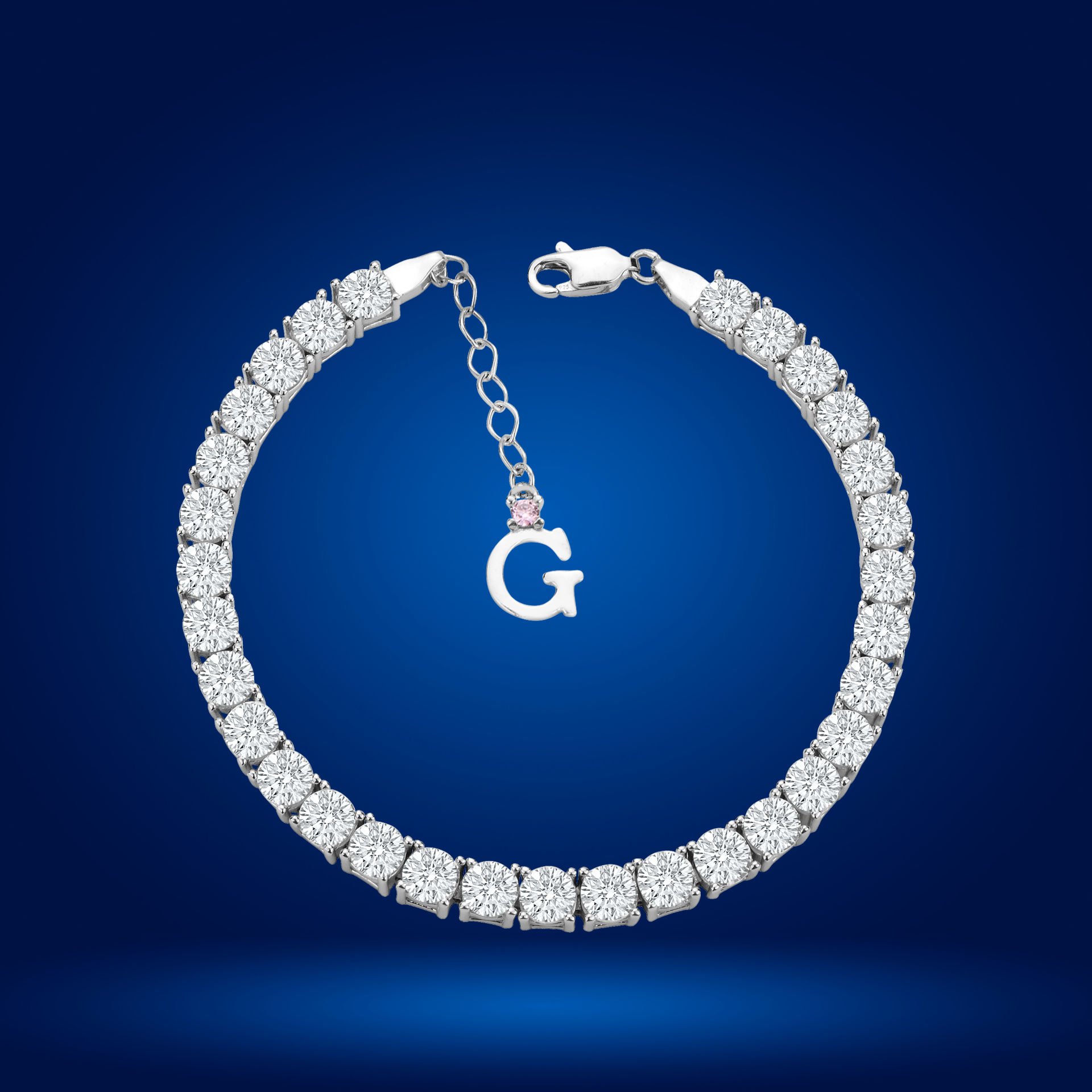 925 Ayar Gümüş 5 MM Pırlanta Kare Taşlı Zincir Harfli Su Yolu Bileklik Ğ