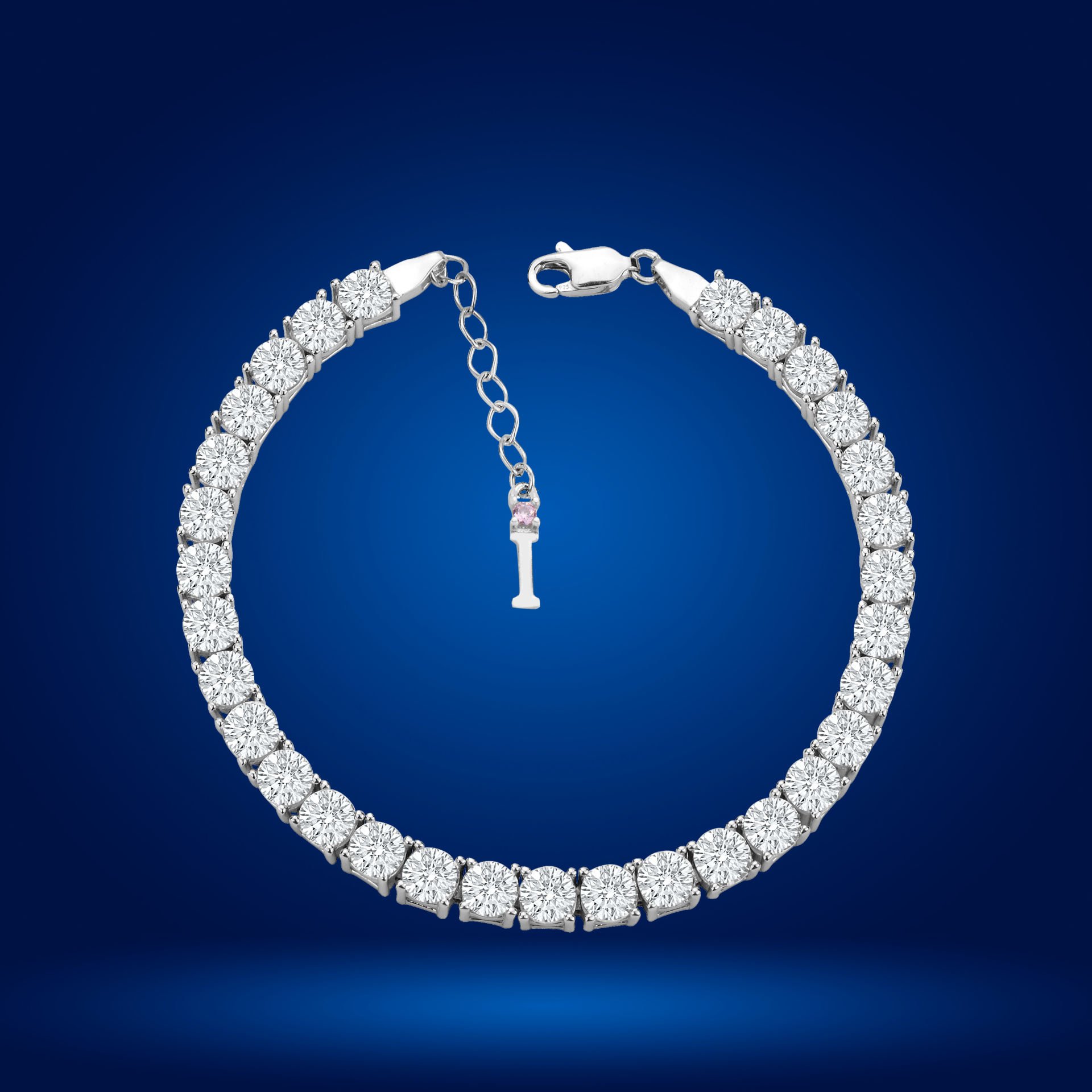 925 Ayar Gümüş 5 MM Pırlanta Kare Taşlı Zincir Harfli Su Yolu Bileklik İ