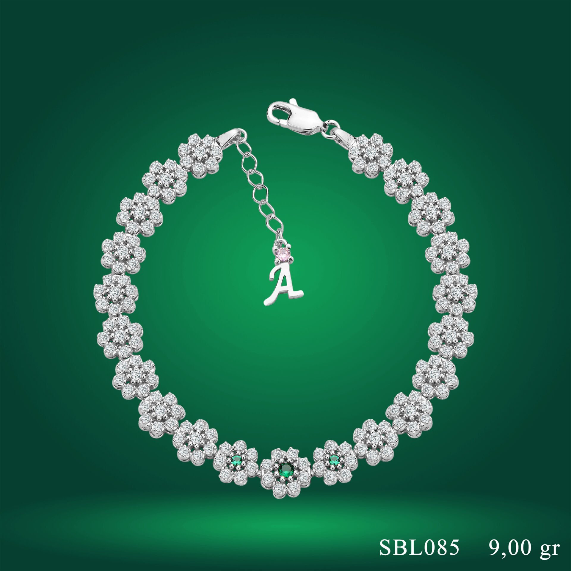 925 Ayar Gümüş Papatya Model Taşlı Harfli Su Yolu Bileklik