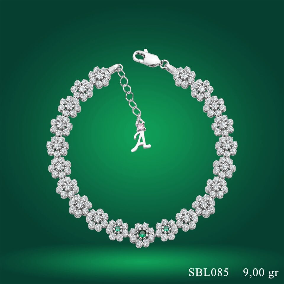 925 Ayar Gümüş Papatya Model Taşlı Harfli Su Yolu Bileklik