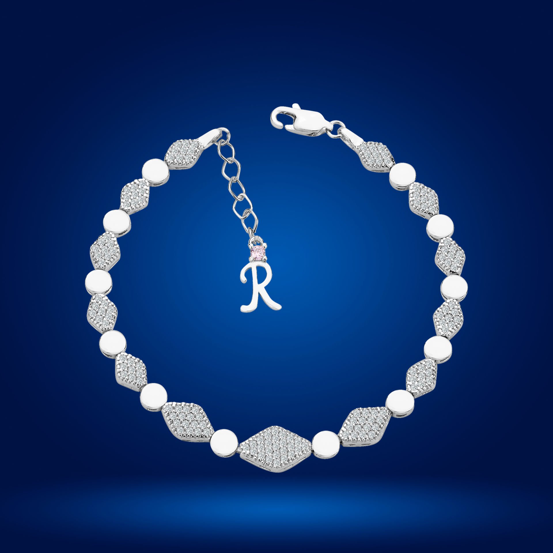 925 Ayar Gümüş Baklava Dilimli Model Zincir Harfli Su Yolu Bileklik R