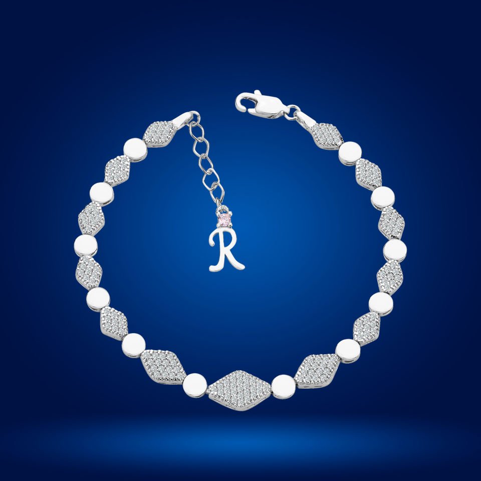 925 Ayar Gümüş Baklava Dilimli Model Zincir Harfli Su Yolu Bileklik R