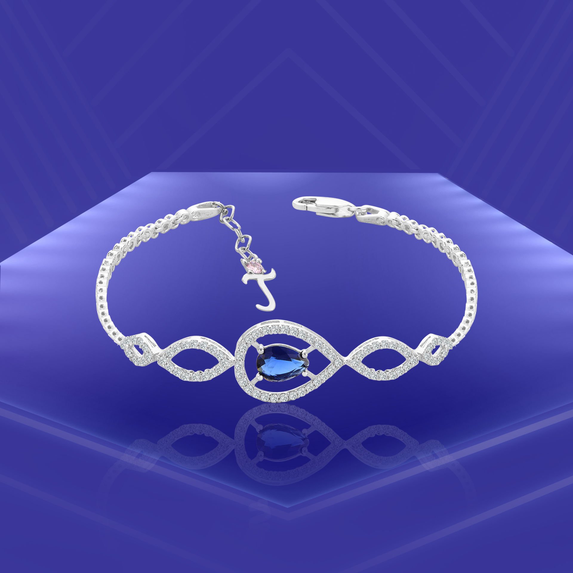 925 Ayar Gümüş Mavi Damla Taşlı Harfli Su Yolu Bileklik T