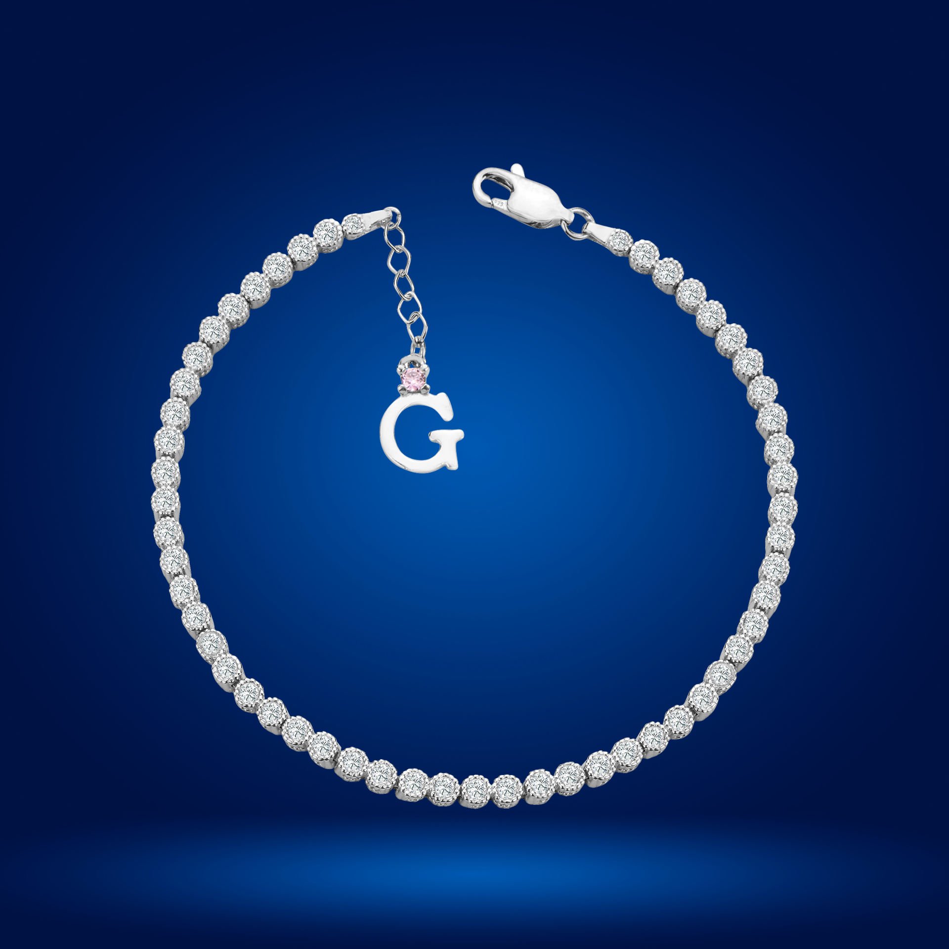 925 Ayar Gümüş 3 MM Pırlanta Taşlı Zincir Harfli Su Yolu Bileklik G