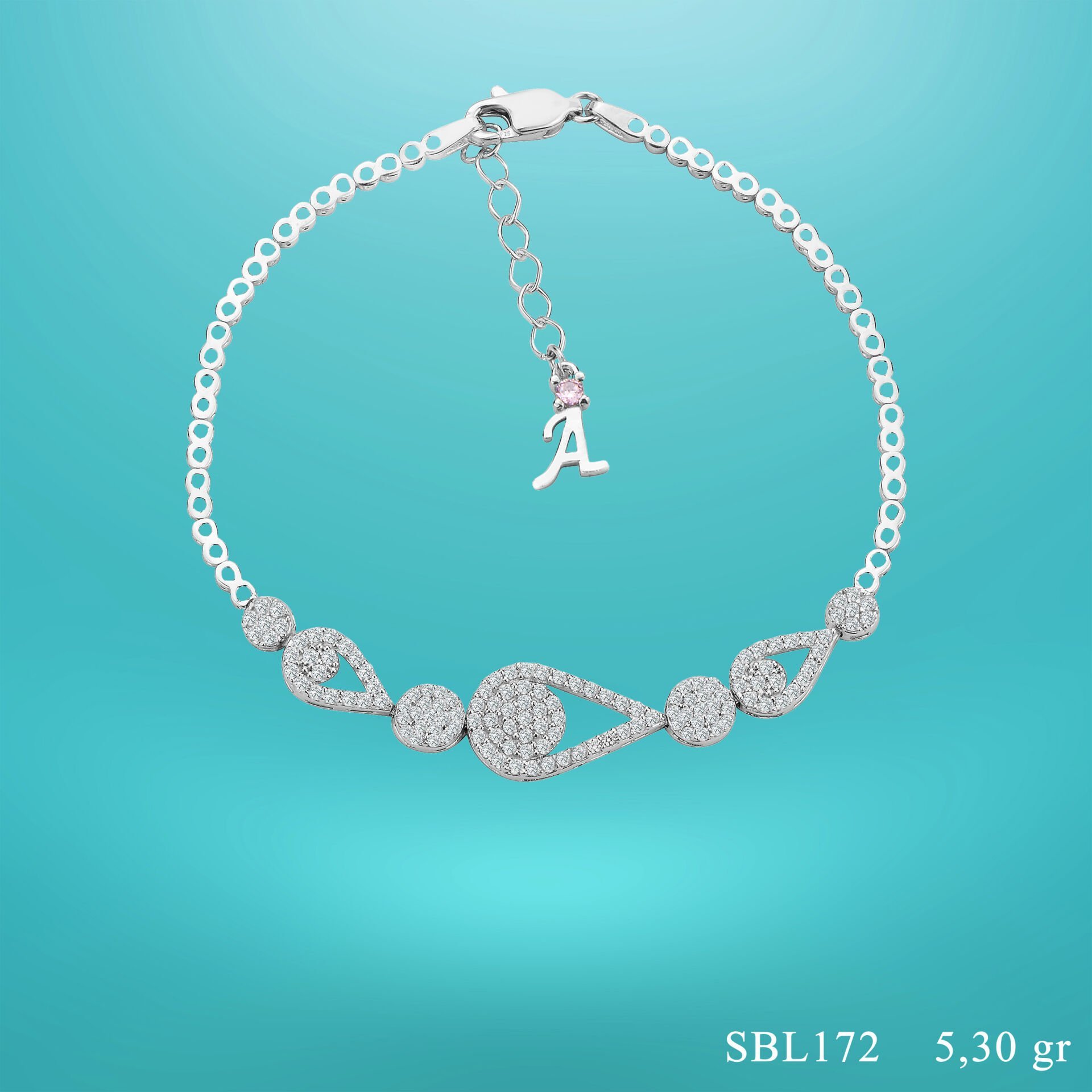 925 Ayar Gümüş Damla Model Zincir Harfli Su Yolu Bileklik