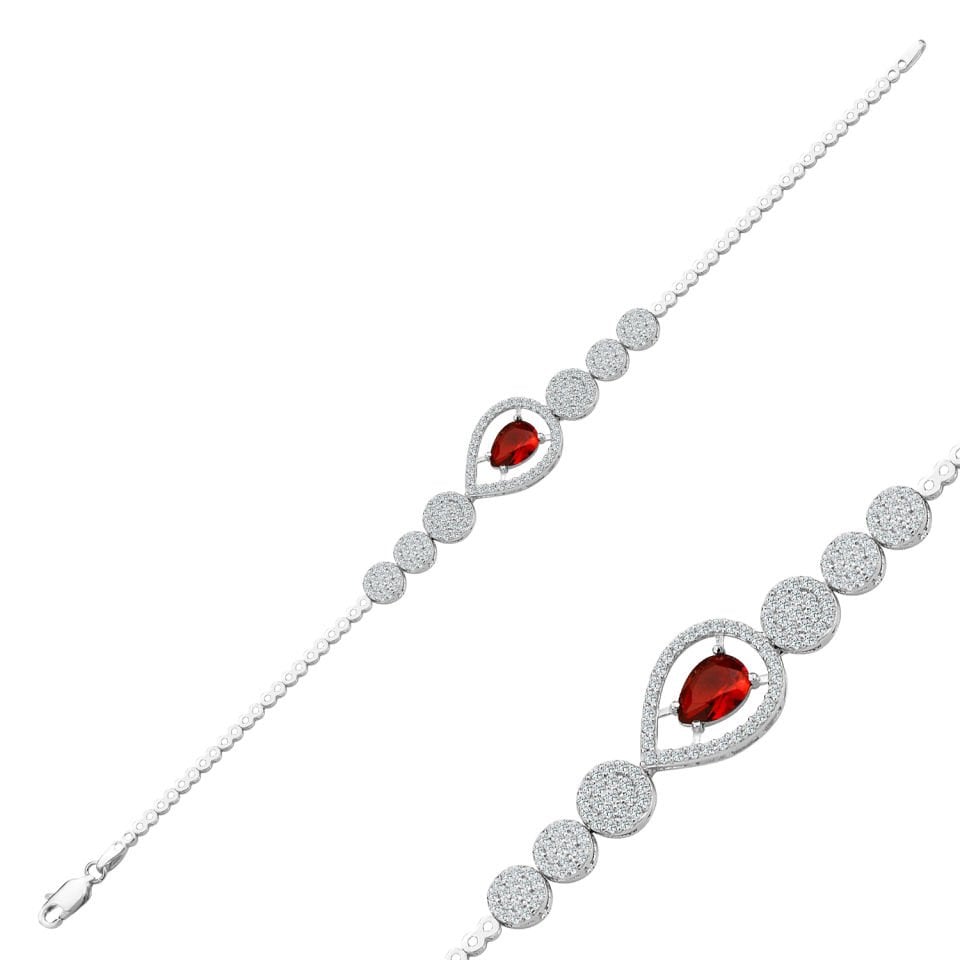 925 Ayar Gümüş Pırlanta Montür Kırmızı Damla Taşlı Harfli Su Yolu Bileklik