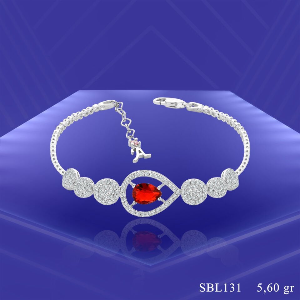 925 Ayar Gümüş Pırlanta Montür Kırmızı Damla Taşlı Harfli Su Yolu Bileklik