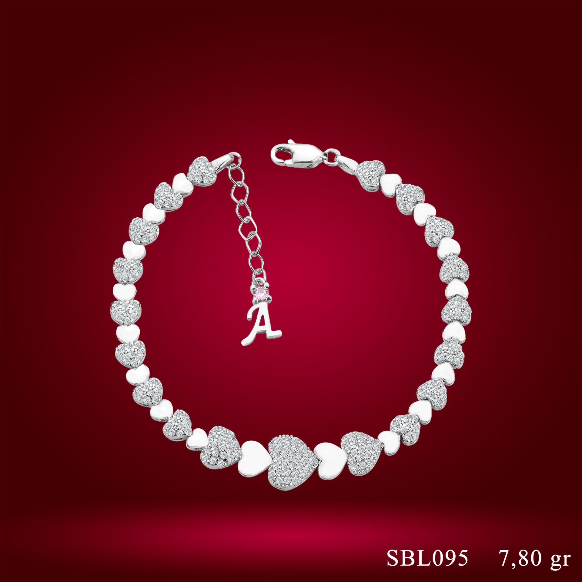 925 Ayar Gümüş Ful Kalpli Model Zincir Harfli Su Yolu Bileklik