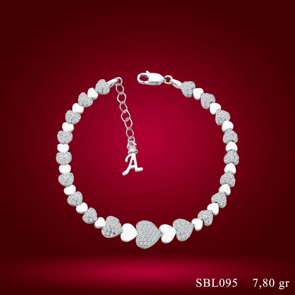 925 Ayar Gümüş Ful Kalpli Model Zincir Harfli Su Yolu Bileklik