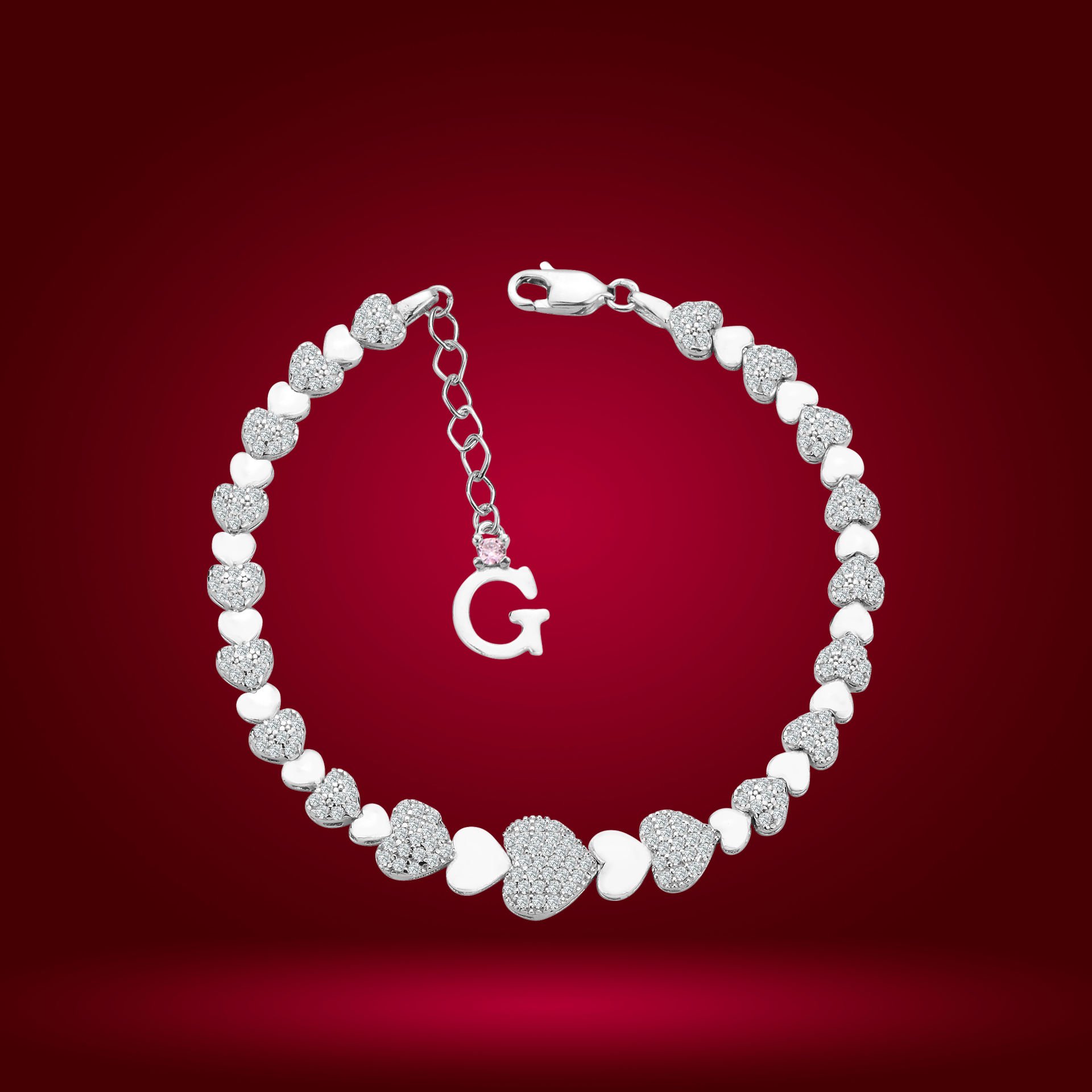 925 Ayar Gümüş Ful Kalpli Model Zincir Harfli Su Yolu Bileklik G