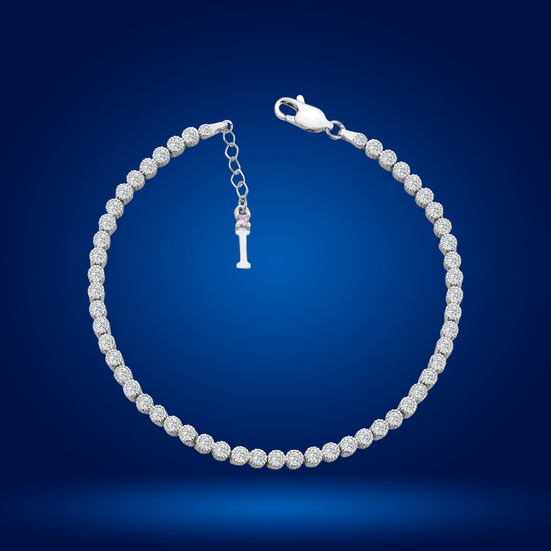 925 Ayar Gümüş 3 MM Pırlanta Taşlı Zincir Harfli Su Yolu Bileklik İ