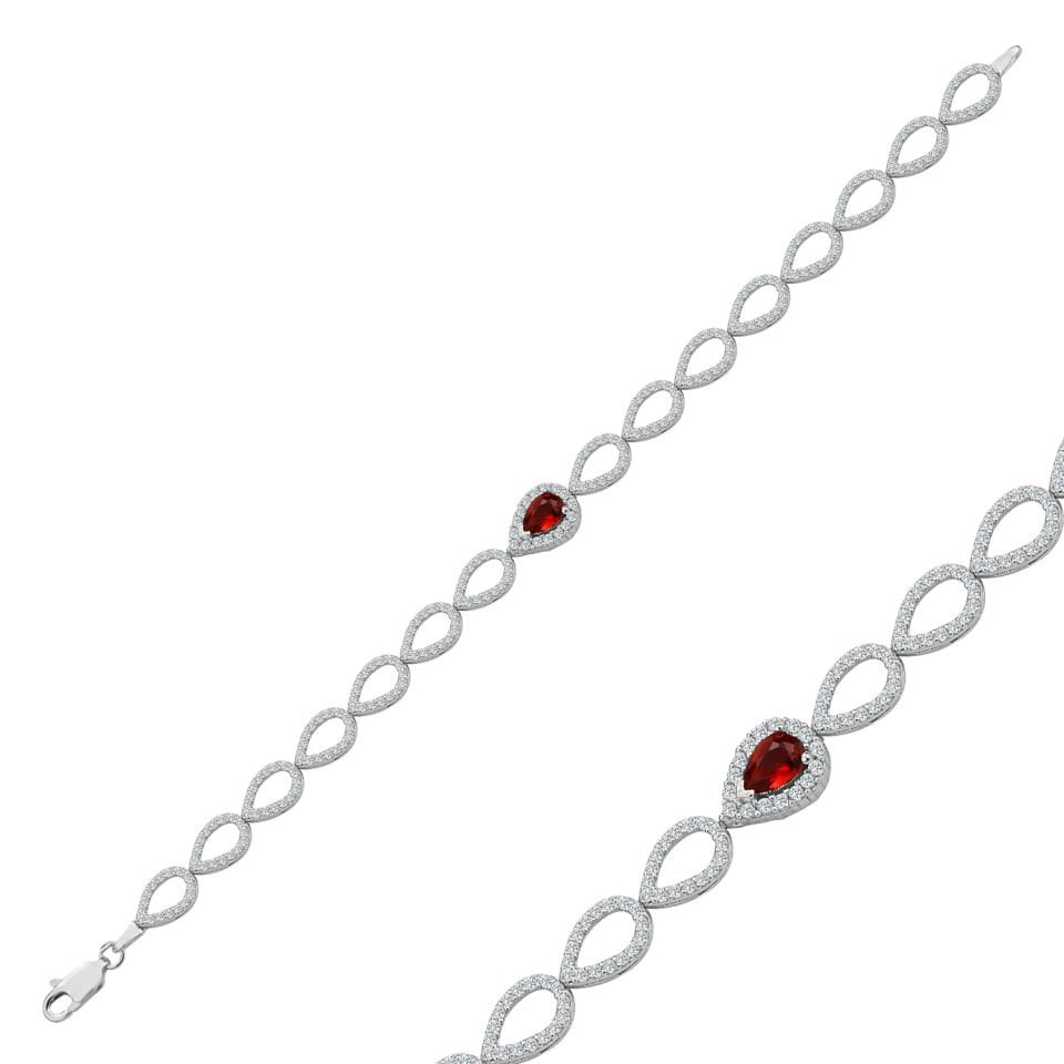 925 Ayar Gümüş Ful Damla Model Kırmızı Taşlı Harfli Su Yolu Bileklik Ş