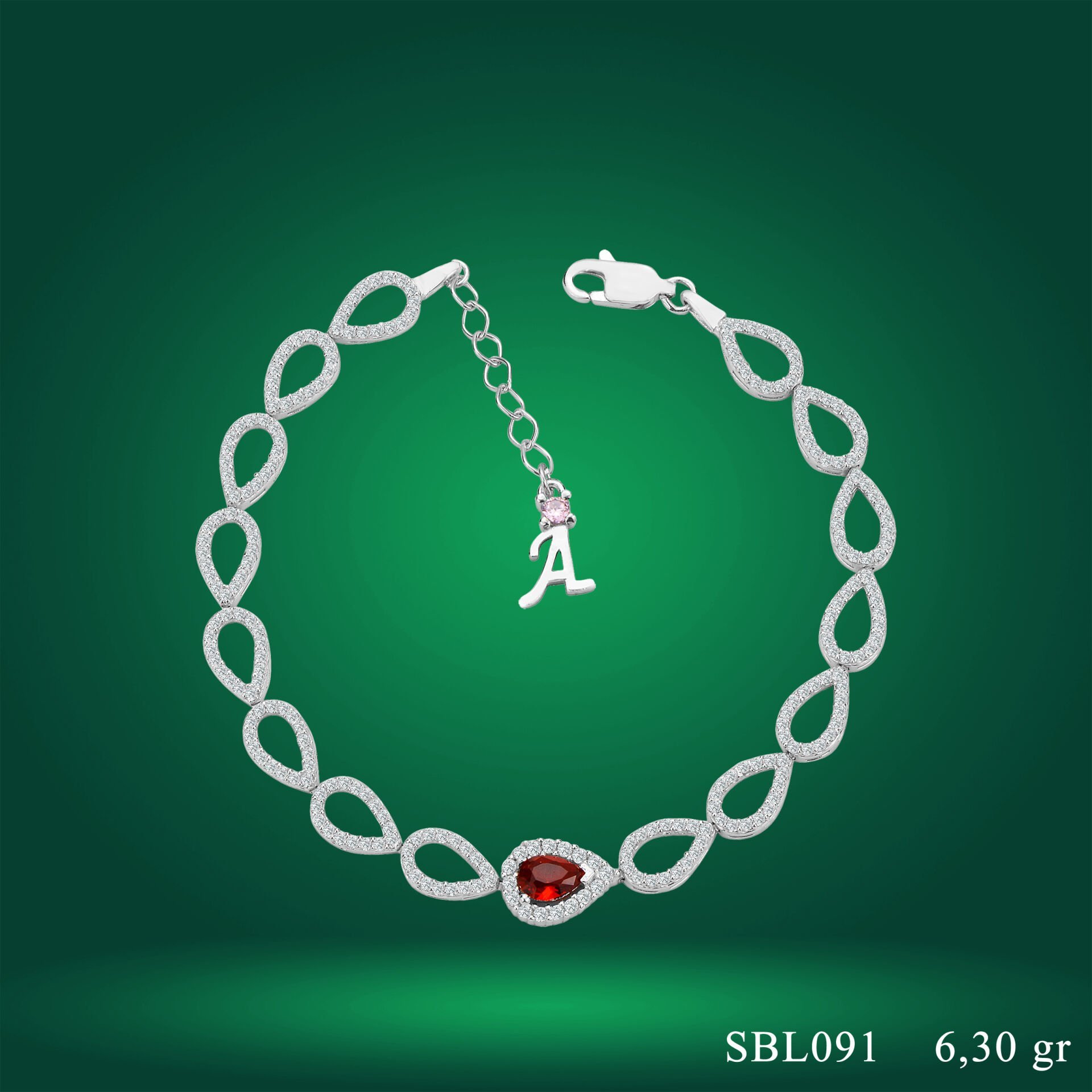 925 Ayar Gümüş Ful Damla Model Kırmızı Taşlı Harfli Su Yolu Bileklik