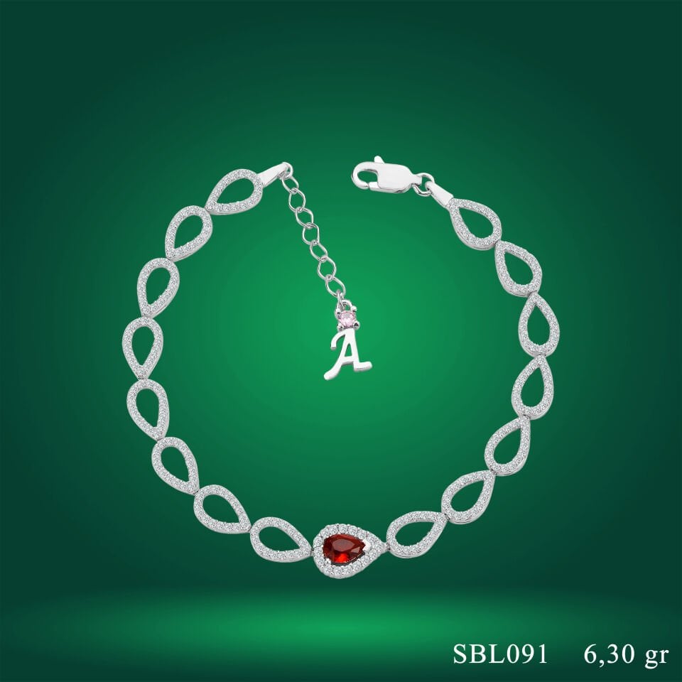 925 Ayar Gümüş Ful Damla Model Kırmızı Taşlı Harfli Su Yolu Bileklik