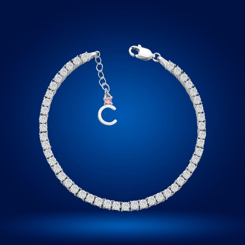 925 Ayar Gümüş 3 MM Pırlanta Kare Taşlı Zincir Harfli Su Yolu Bileklik C