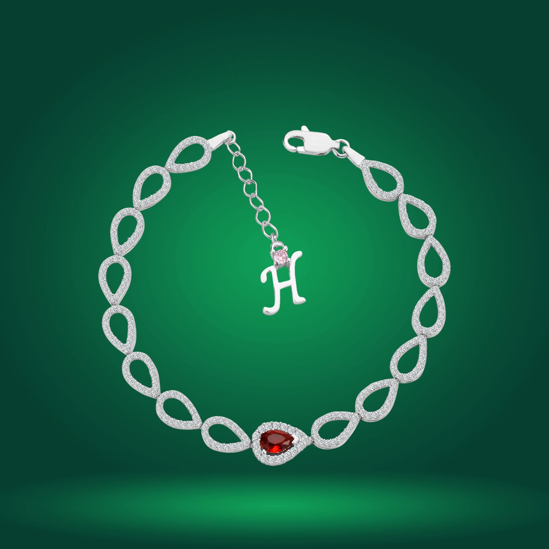 925 Ayar Gümüş Ful Damla Model Kırmızı Taşlı Harfli Su Yolu Bileklik H