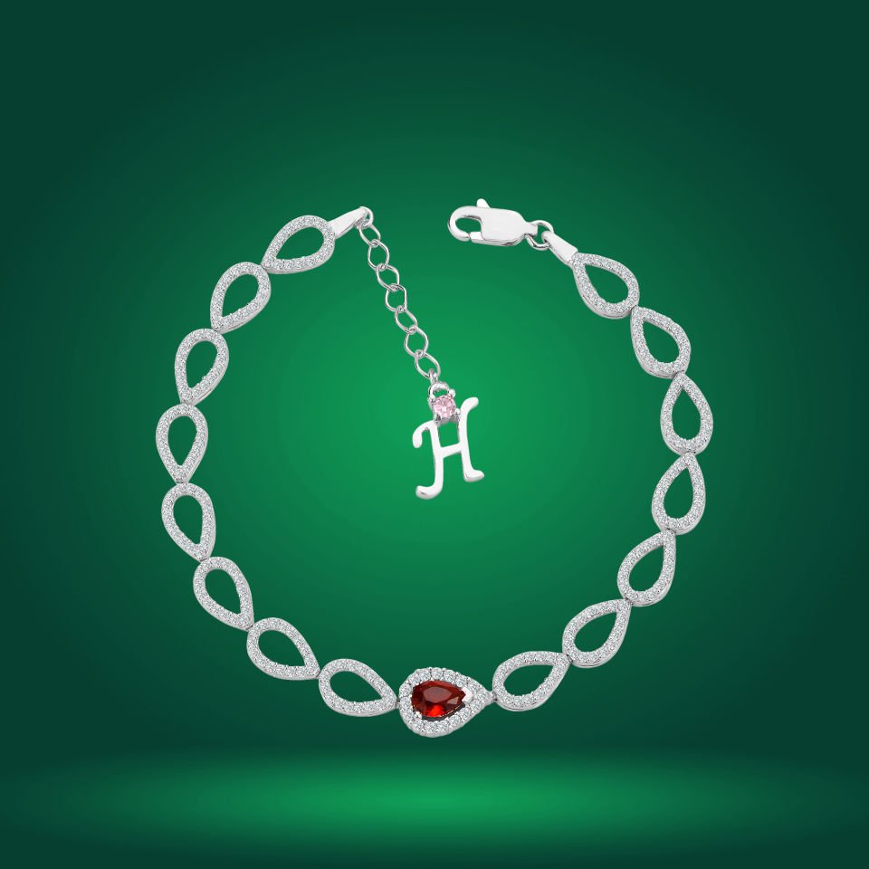 925 Ayar Gümüş Ful Damla Model Kırmızı Taşlı Harfli Su Yolu Bileklik H