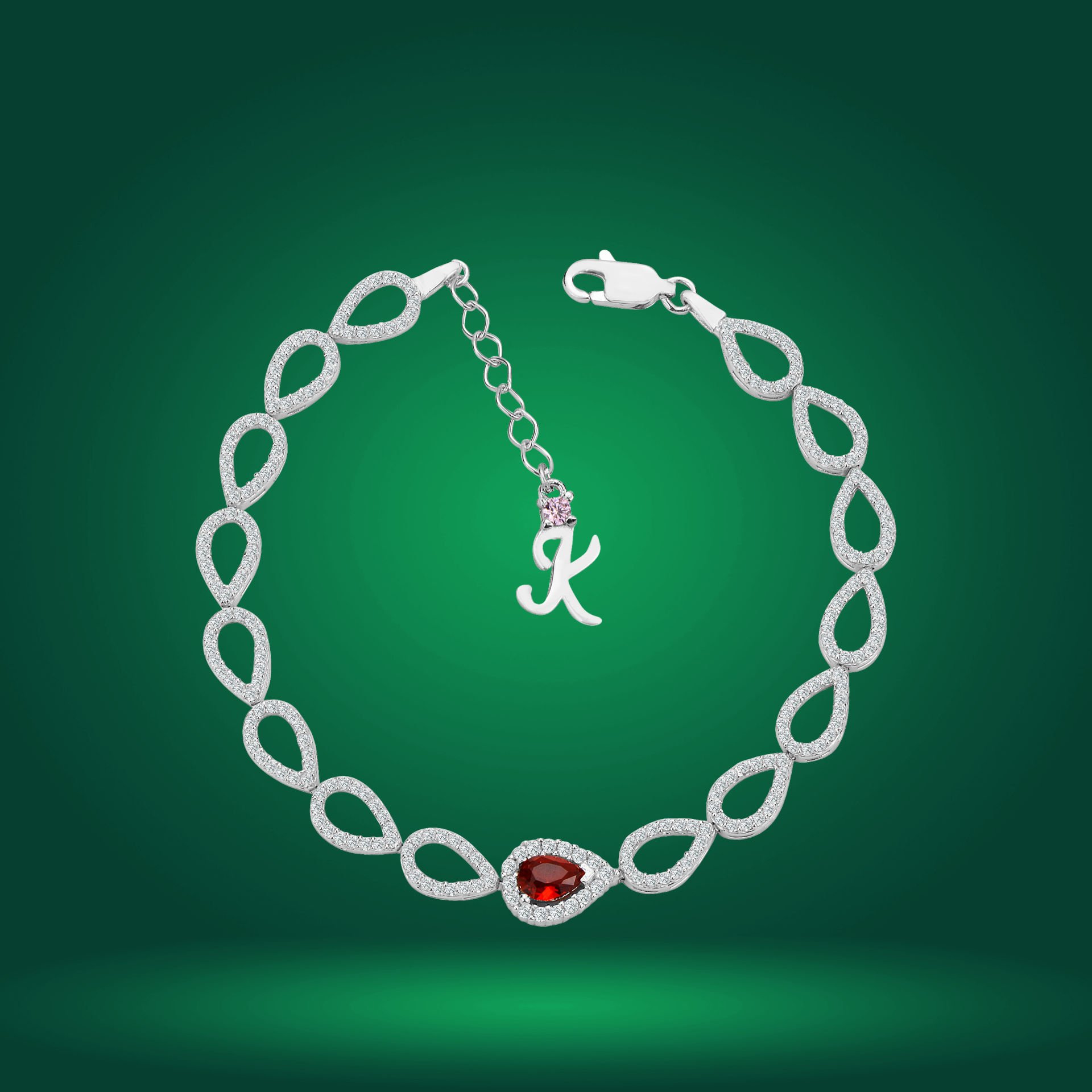 925 Ayar Gümüş Ful Damla Model Kırmızı Taşlı Harfli Su Yolu Bileklik K