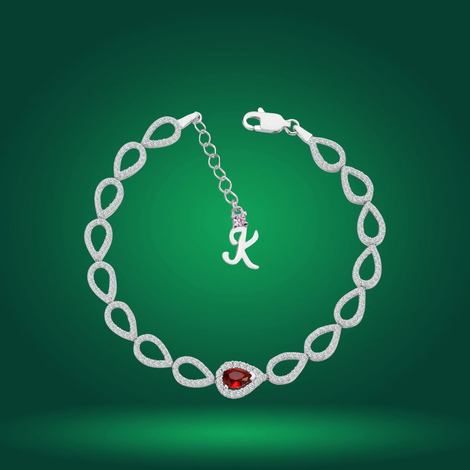 925 Ayar Gümüş Ful Damla Model Kırmızı Taşlı Harfli Su Yolu Bileklik K