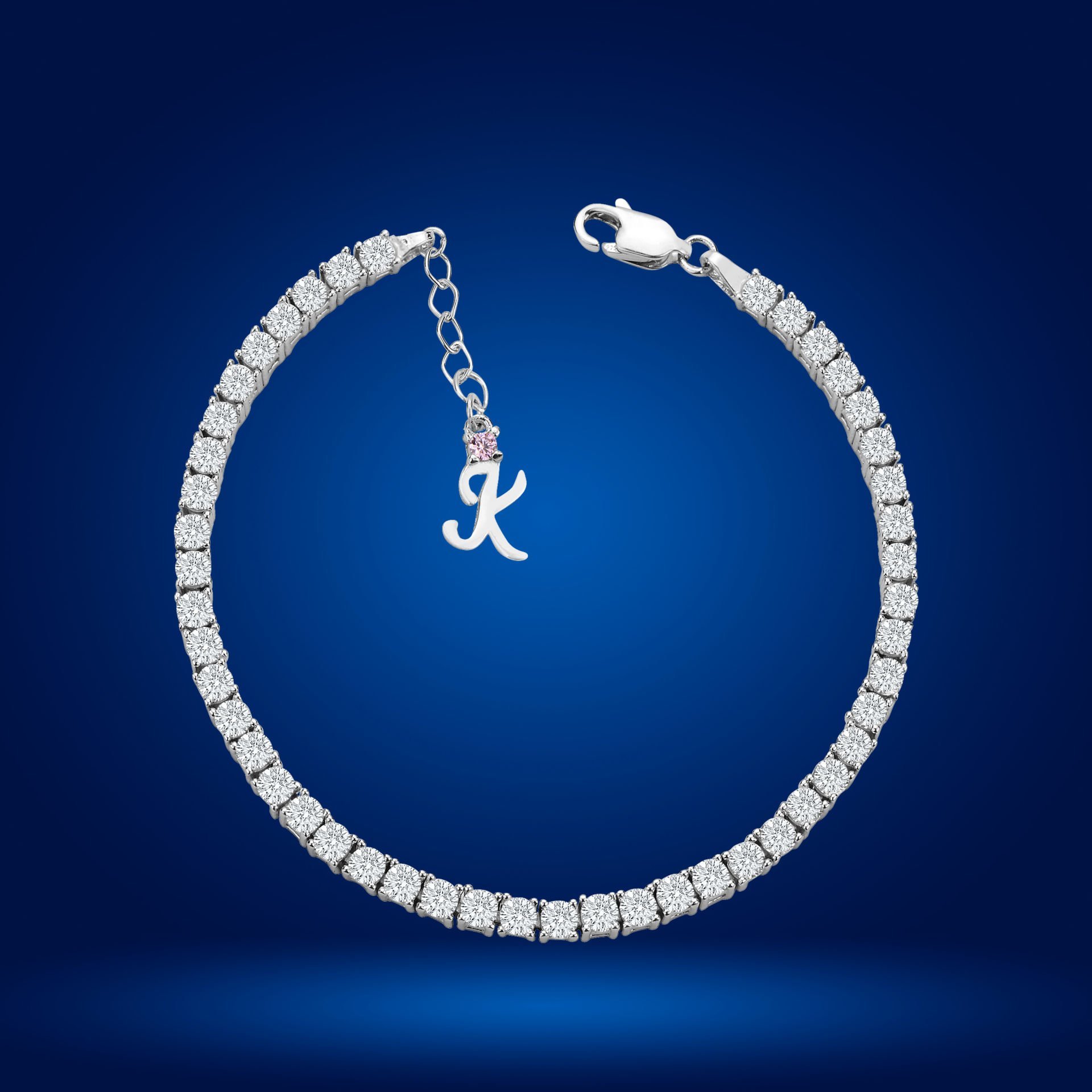 925 Ayar Gümüş 3 MM Pırlanta Kare Taşlı Zincir Harfli Su Yolu Bileklik K