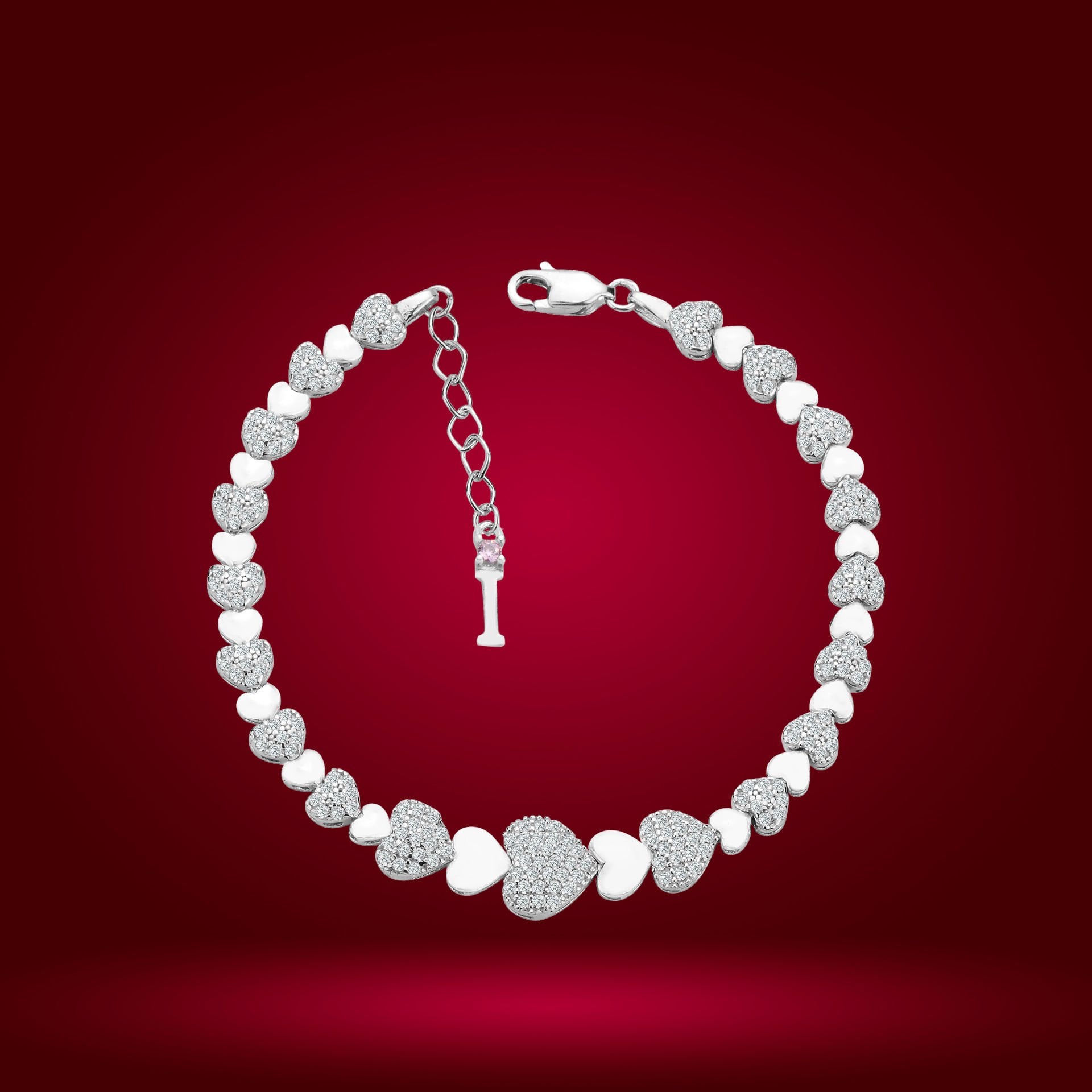 925 Ayar Gümüş Ful Kalpli Model Zincir Harfli Su Yolu Bileklik I