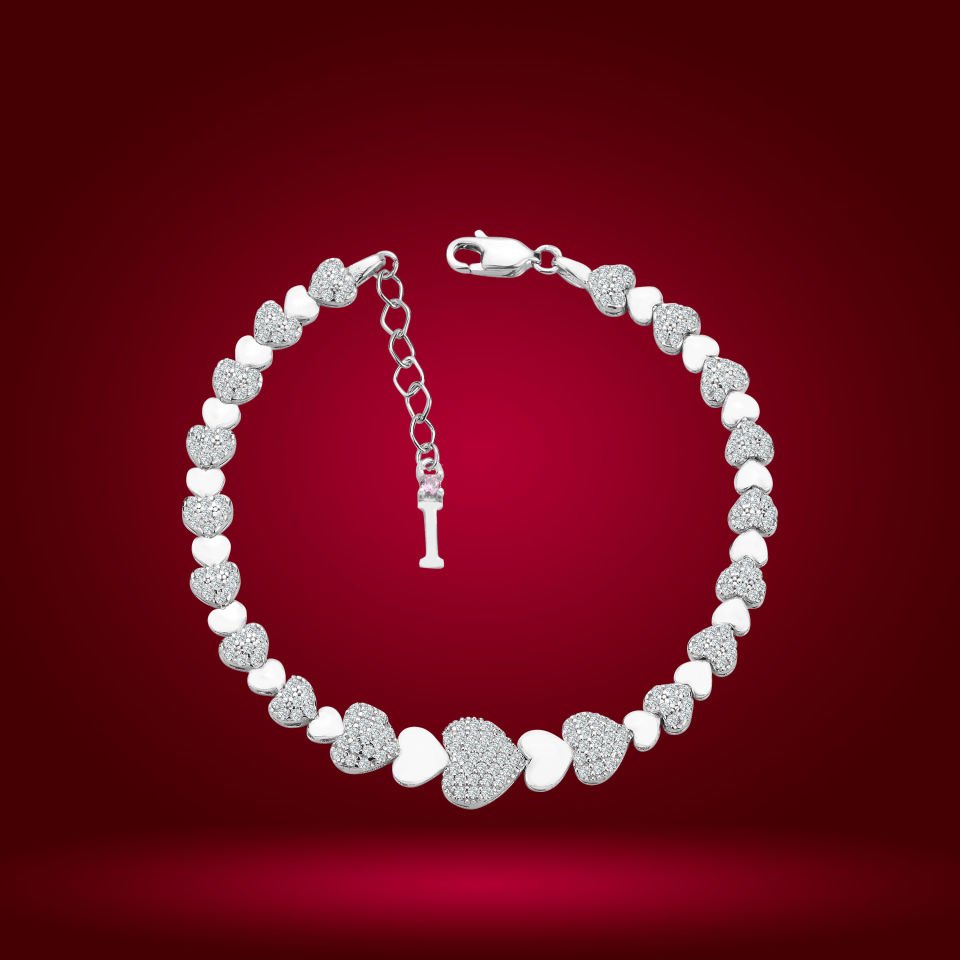 925 Ayar Gümüş Ful Kalpli Model Zincir Harfli Su Yolu Bileklik I