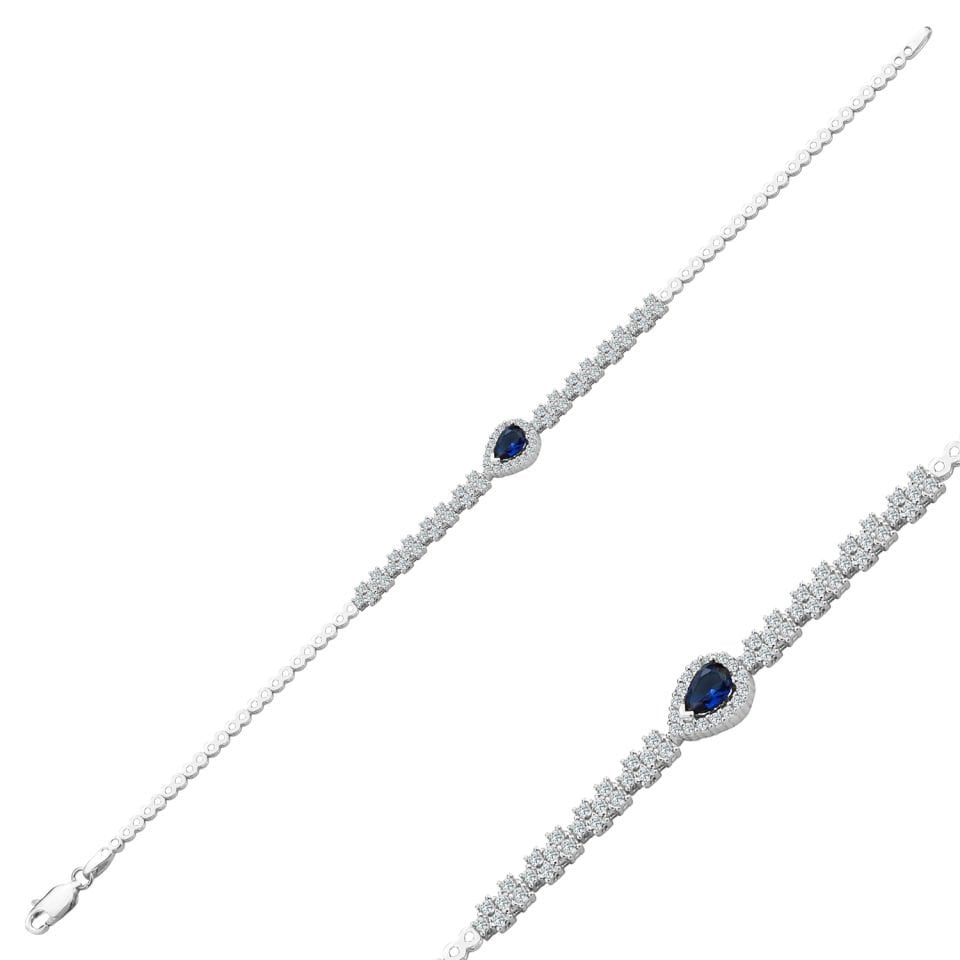 925 Ayar Gümüş Mavi Damla Taşlı Zincir Harfli Su Yolu Bileklik