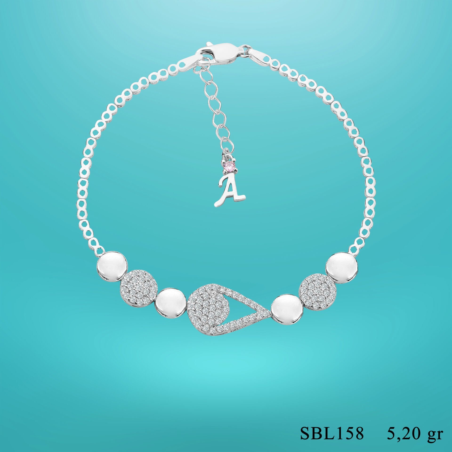 925 Ayar Gümüş Damla Model Zincir Harfli Su Yolu Bileklik