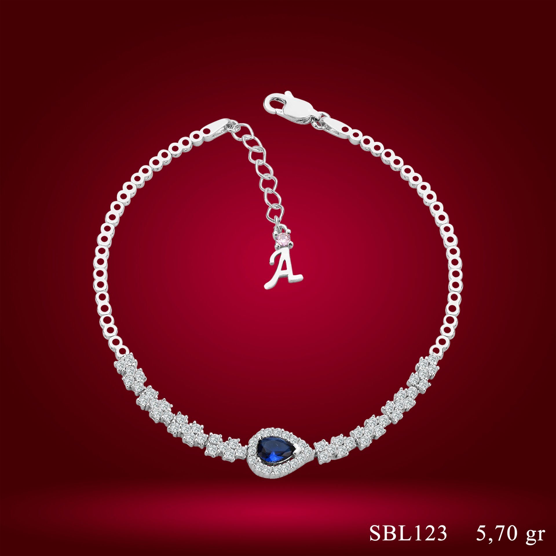 925 Ayar Gümüş Mavi Damla Taşlı Zincir Harfli Su Yolu Bileklik