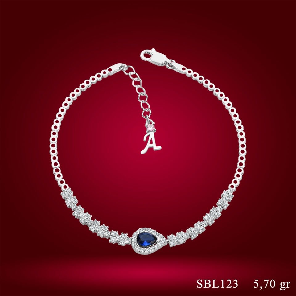 925 Ayar Gümüş Mavi Damla Taşlı Zincir Harfli Su Yolu Bileklik