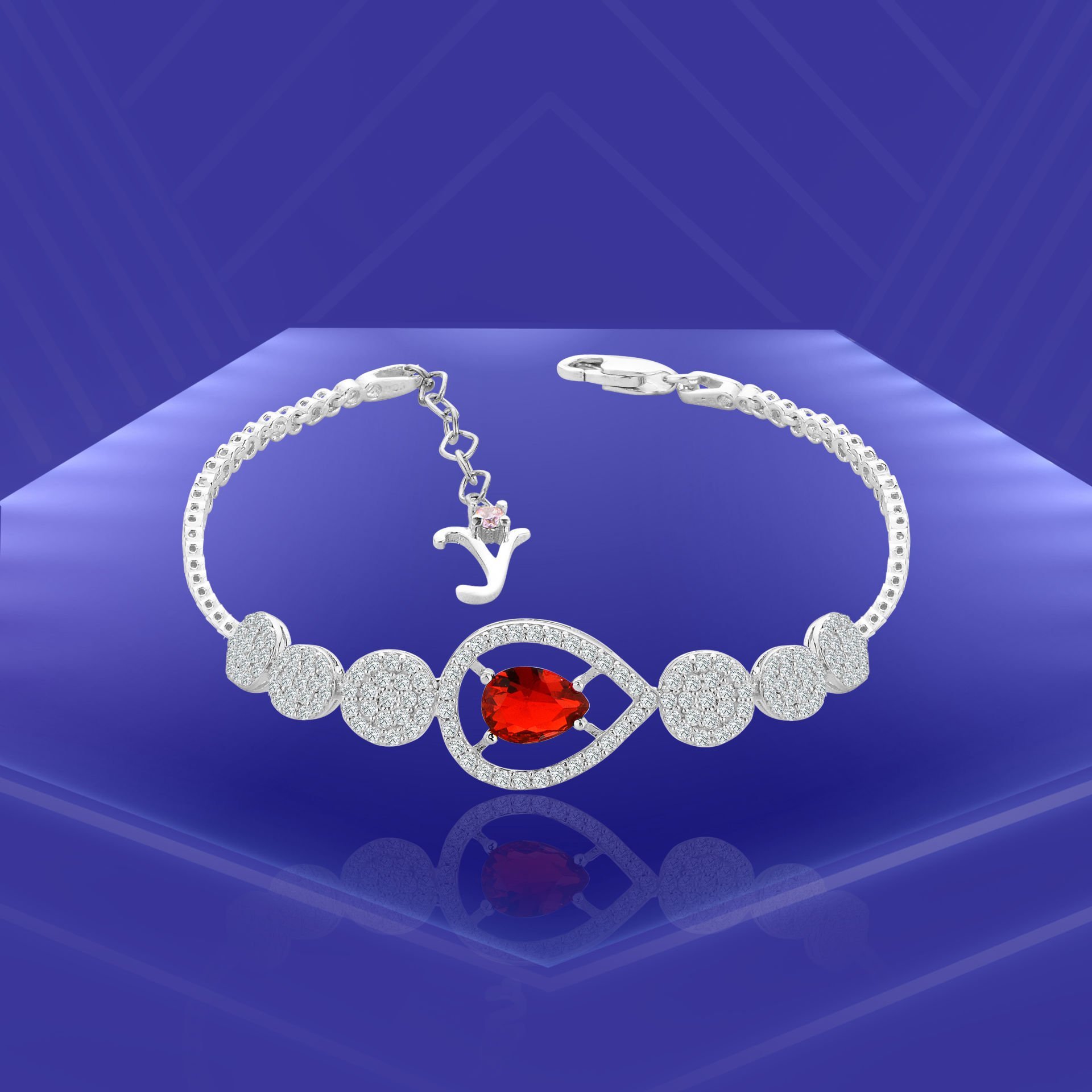 925 Ayar Gümüş Pırlanta Montür Kırmızı Damla Taşlı Harfli Su Yolu Bileklik Y