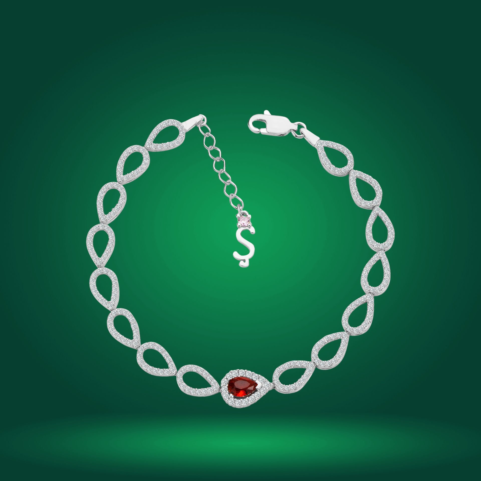 925 Ayar Gümüş Ful Damla Model Kırmızı Taşlı Harfli Su Yolu Bileklik Ş