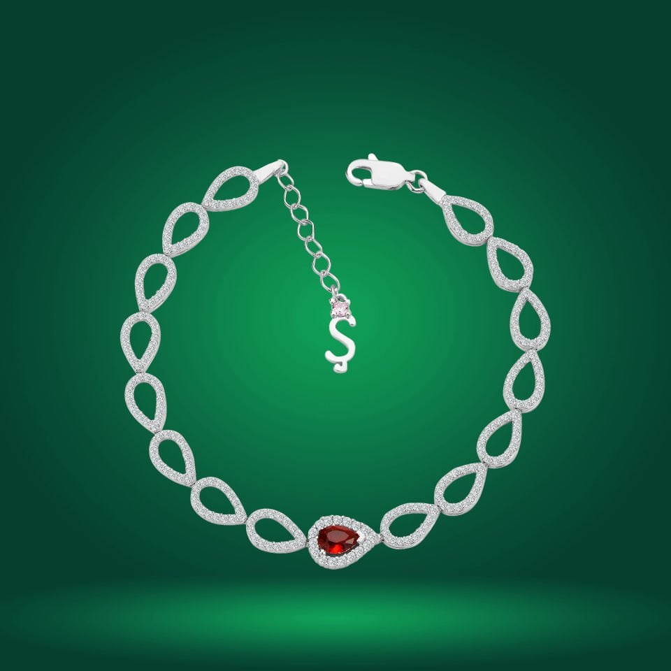 925 Ayar Gümüş Ful Damla Model Kırmızı Taşlı Harfli Su Yolu Bileklik Ş