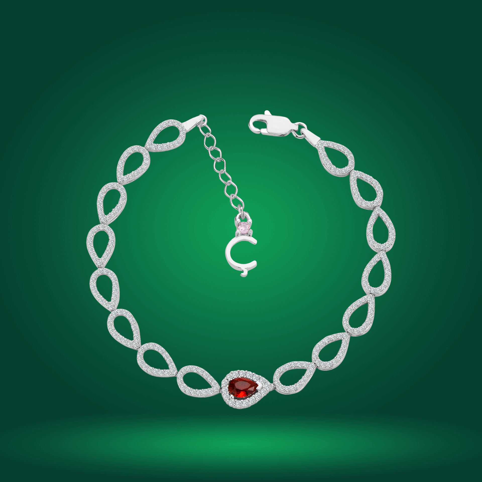 925 Ayar Gümüş Ful Damla Model Kırmızı Taşlı Harfli Su Yolu Bileklik Ç