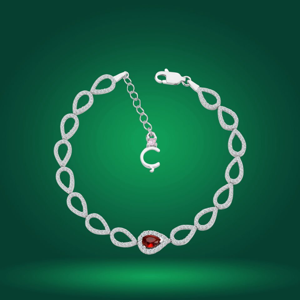 925 Ayar Gümüş Ful Damla Model Kırmızı Taşlı Harfli Su Yolu Bileklik Ç