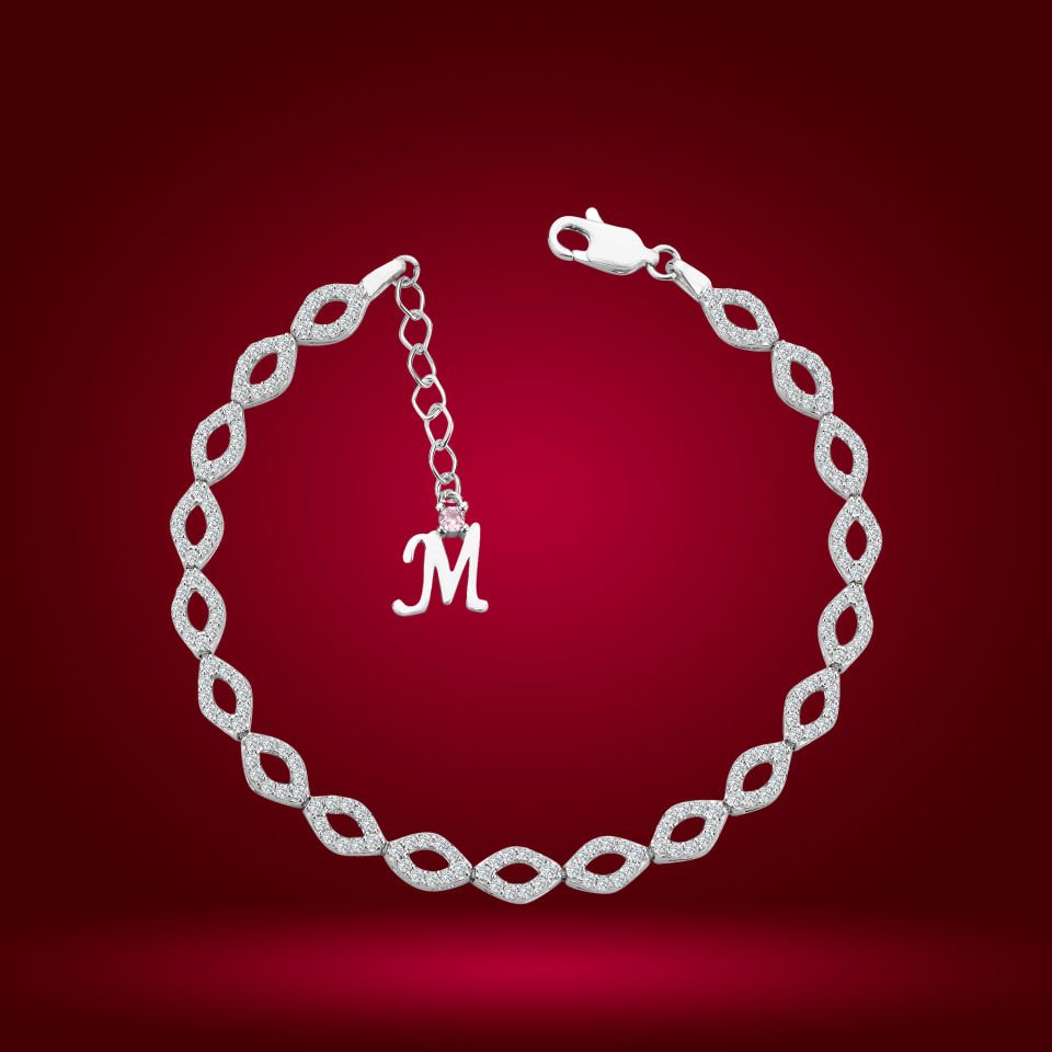 925 Ayar Gümüş Göz Şekli Model Zincir Harfli Su Yolu Bileklik M