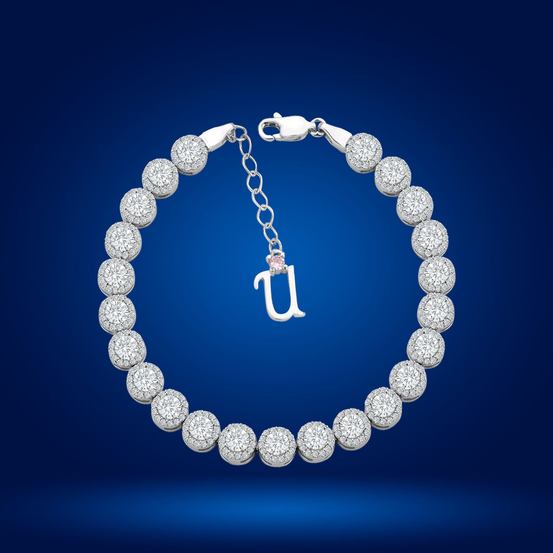 925 Ayar Gümüş 4 MM Pırlanta Taşlı Zincir Harfli Su Yolu Bileklik Ü