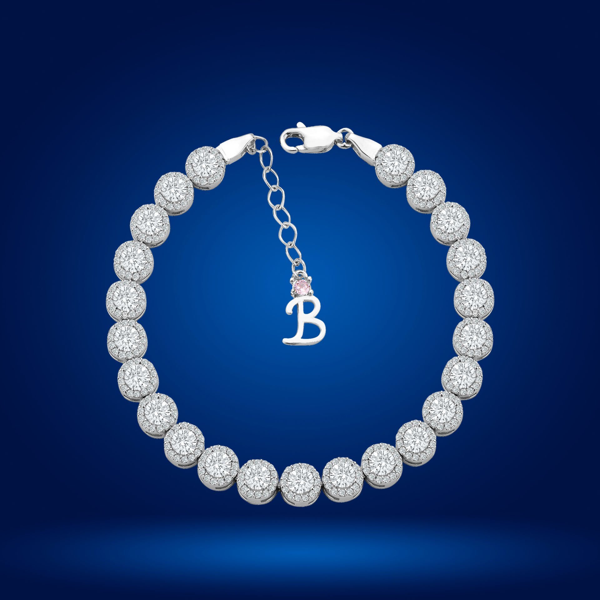 925 Ayar Gümüş 4 MM Pırlanta Taşlı Zincir Harfli Su Yolu Bileklik B