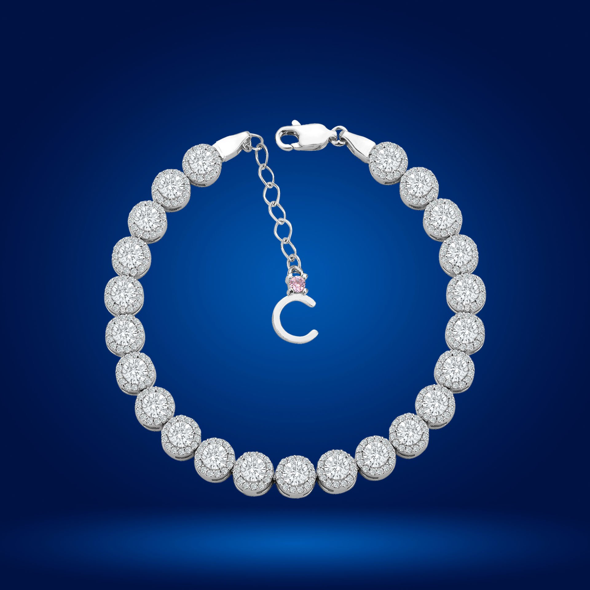 925 Ayar Gümüş 4 MM Pırlanta Taşlı Zincir Harfli Su Yolu Bileklik C