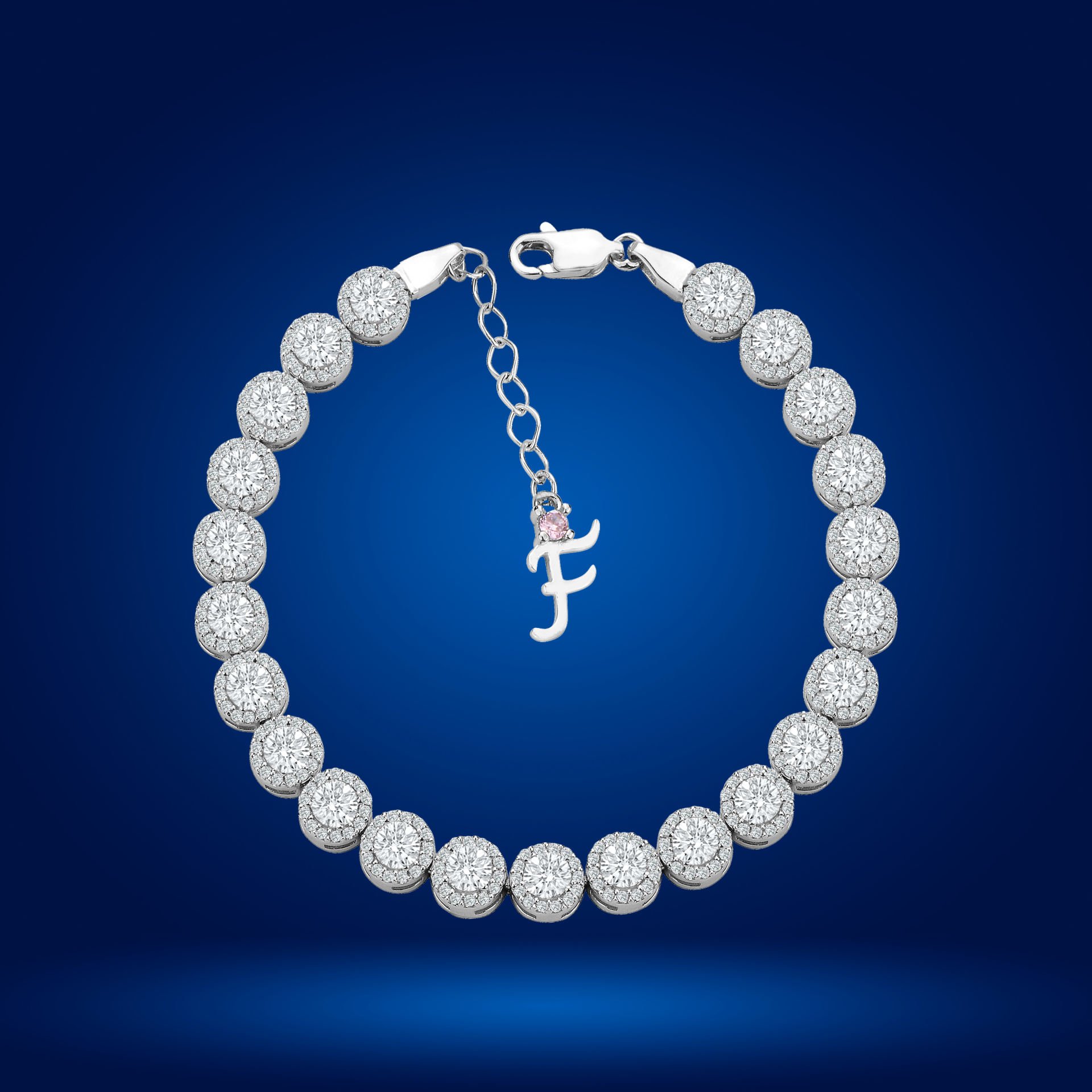 925 Ayar Gümüş 4 MM Pırlanta Taşlı Zincir Harfli Su Yolu Bileklik F