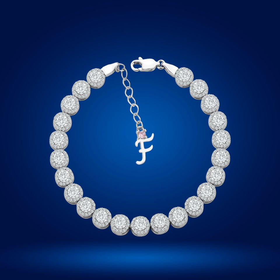 925 Ayar Gümüş 4 MM Pırlanta Taşlı Zincir Harfli Su Yolu Bileklik F