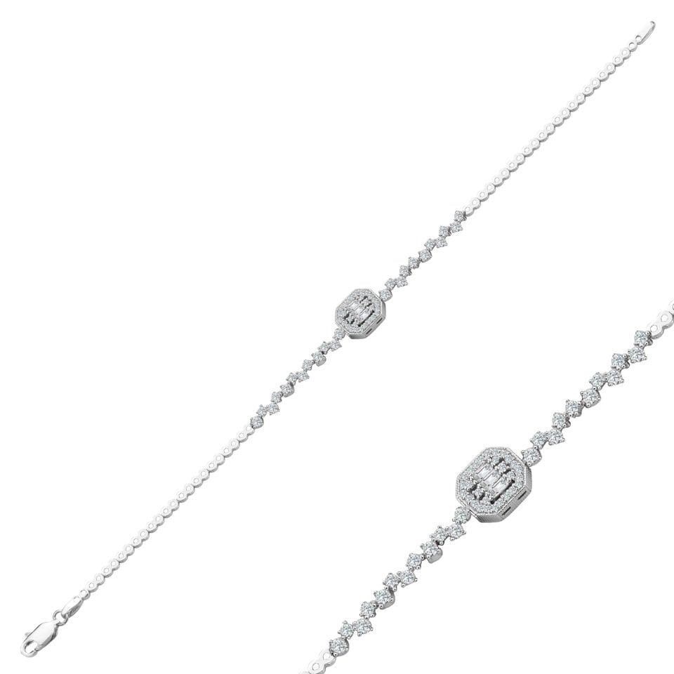 925 Ayar Gümüş Pırlanta Montür Baget Zincir Harfli Su Yolu Bileklik