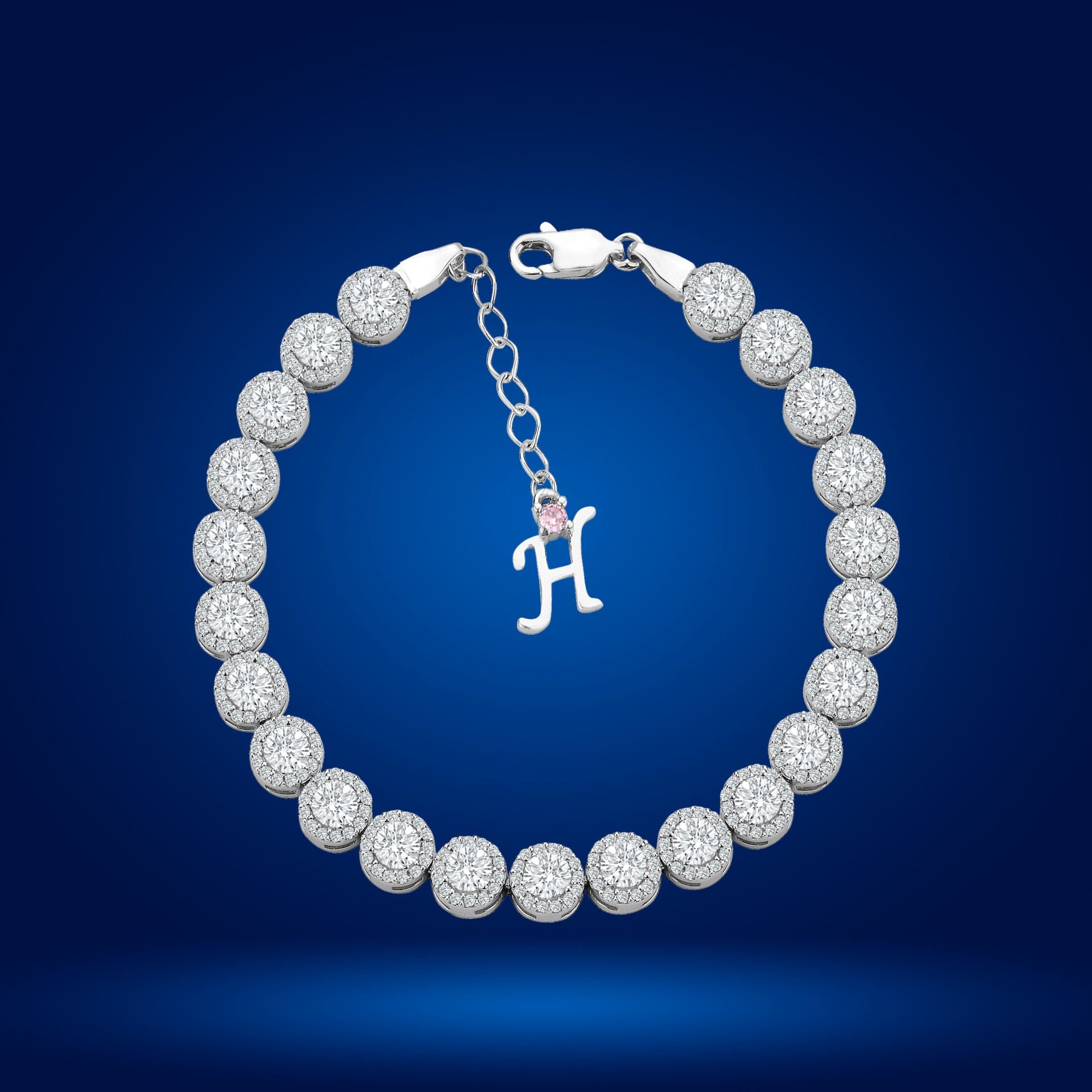 925 Ayar Gümüş 4 MM Pırlanta Taşlı Zincir Harfli Su Yolu Bileklik H