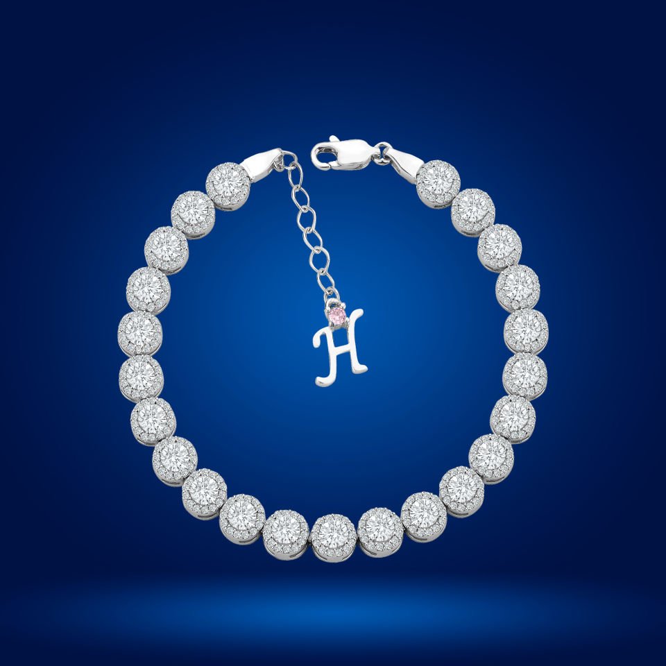 925 Ayar Gümüş 4 MM Pırlanta Taşlı Zincir Harfli Su Yolu Bileklik H