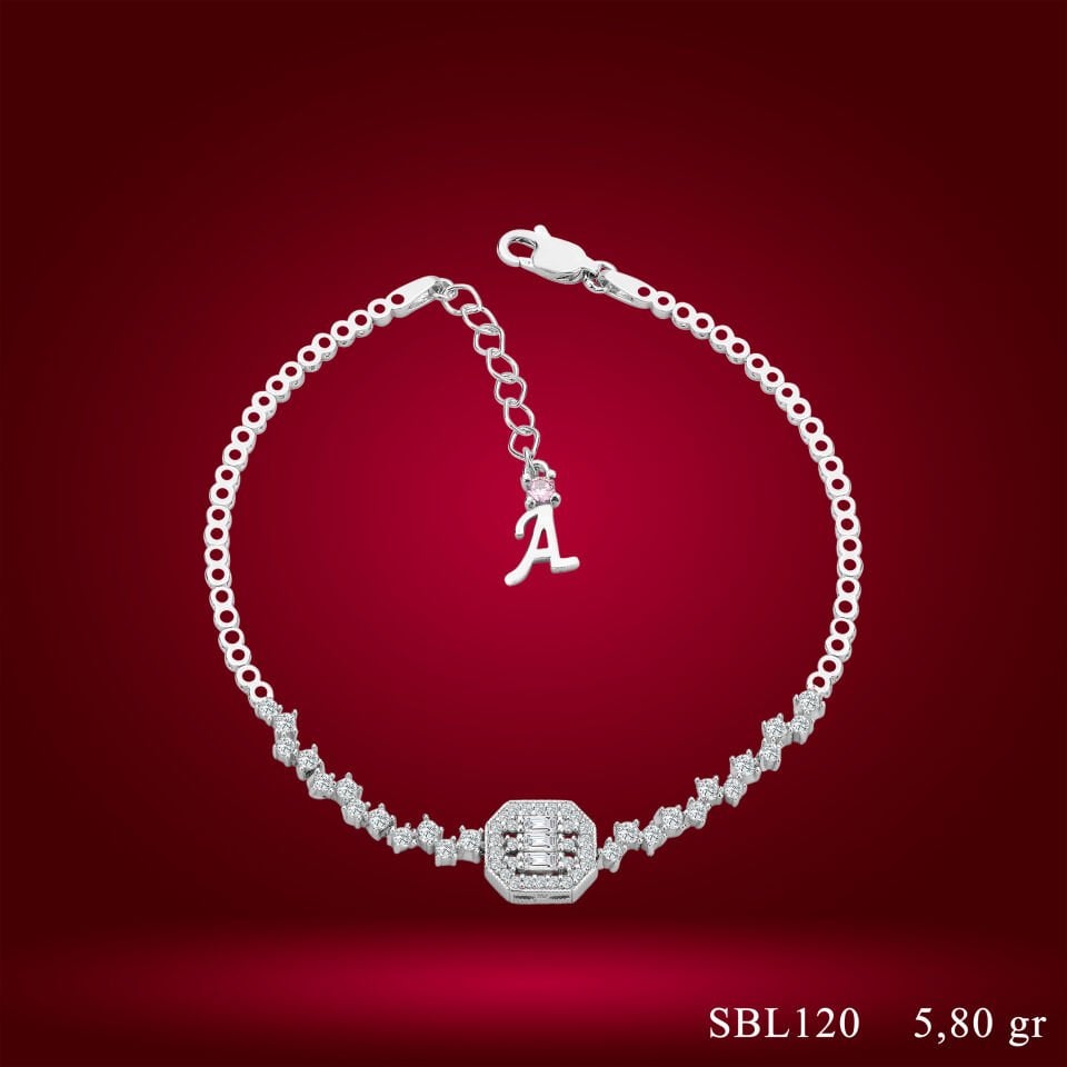 925 Ayar Gümüş Pırlanta Montür Baget Zincir Harfli Su Yolu Bileklik