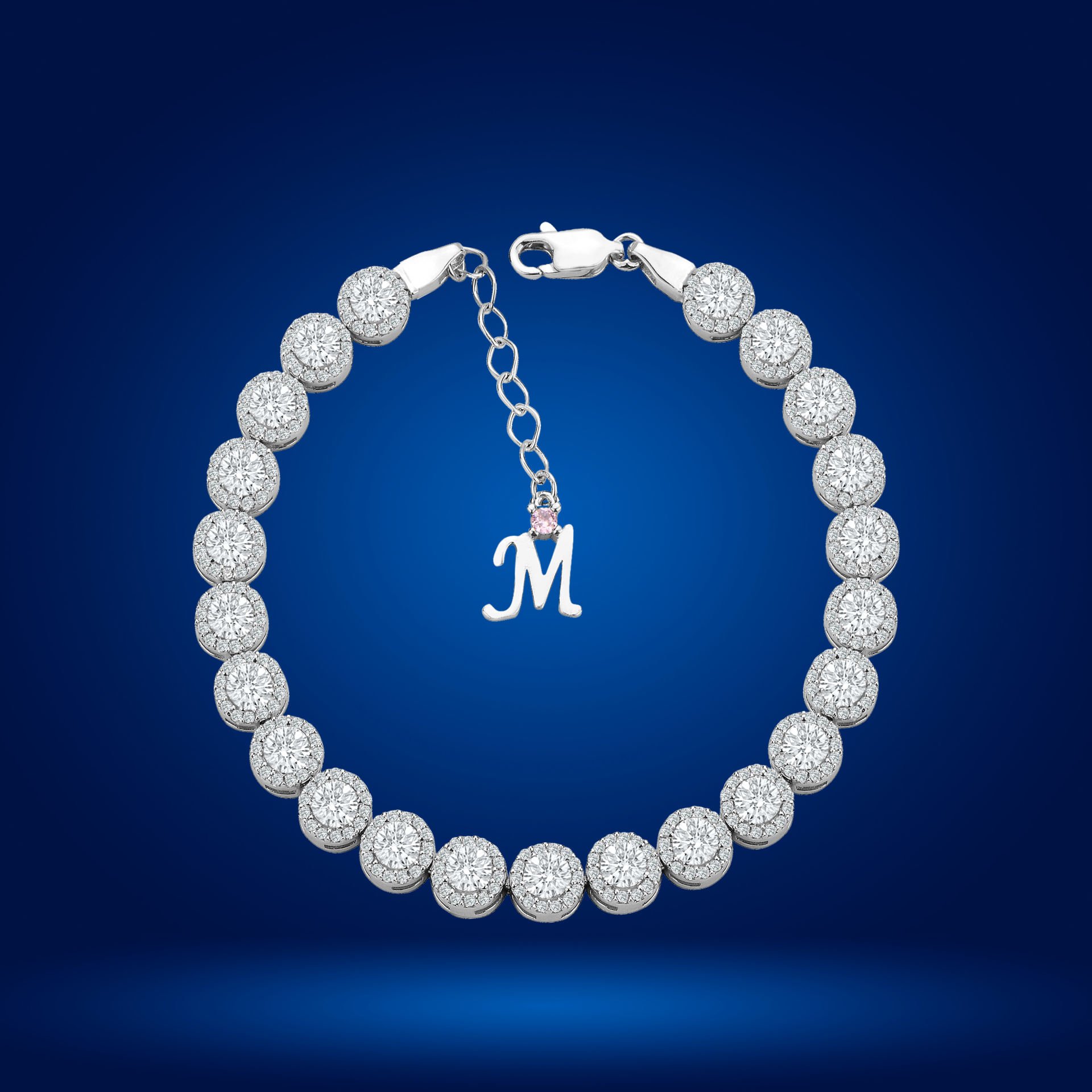 925 Ayar Gümüş 4 MM Pırlanta Taşlı Zincir Harfli Su Yolu Bileklik M