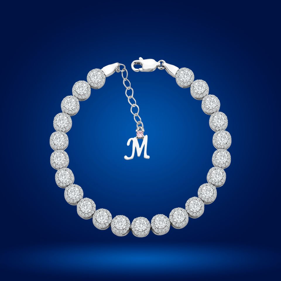 925 Ayar Gümüş 4 MM Pırlanta Taşlı Zincir Harfli Su Yolu Bileklik M