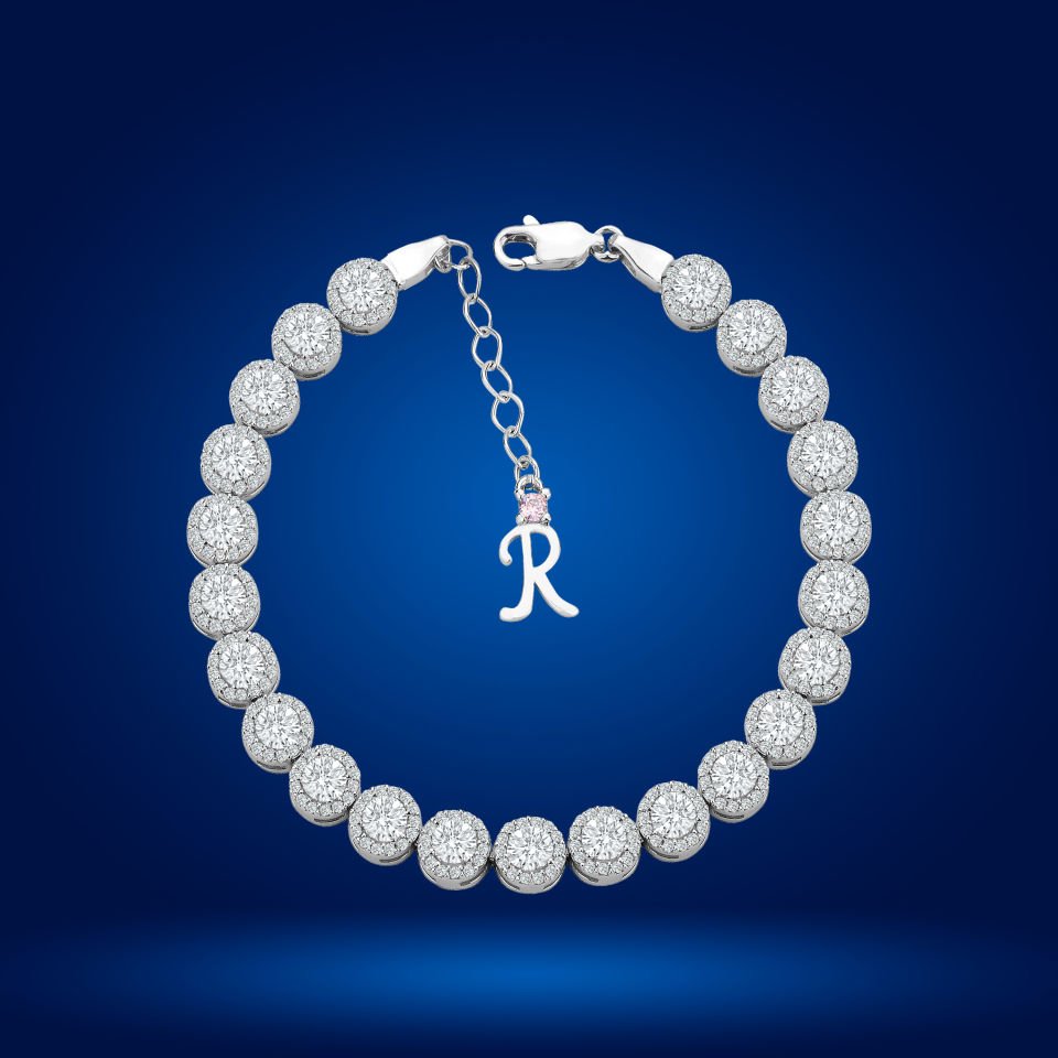 925 Ayar Gümüş 4 MM Pırlanta Taşlı Zincir Harfli Su Yolu Bileklik R